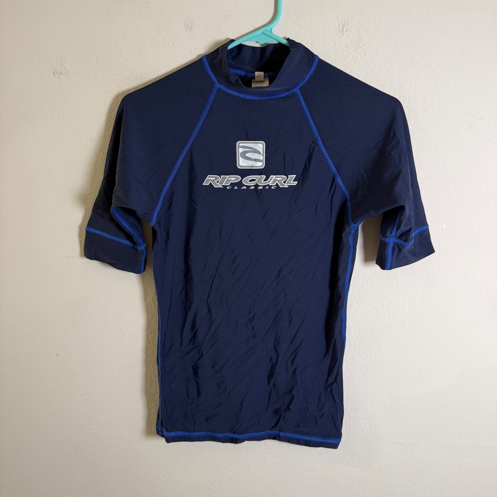 Vintage Rip Curl Classic Rash Guard Navy Blue Short Sleeve Surf Shirt Mens Small